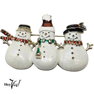 Vintage Holiday Sparkle Enamel Smiling Snowmen Trio Pin Brooch 2.5" - Hey Viv